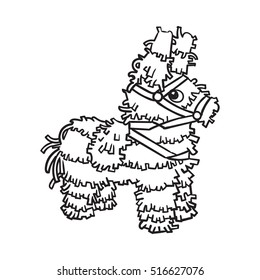 Traditional Mexican brightly pinata, black and white sketch style vector illustration isolated on white background. Hand drawn Mexican pinata, symbol of Mexical culture
