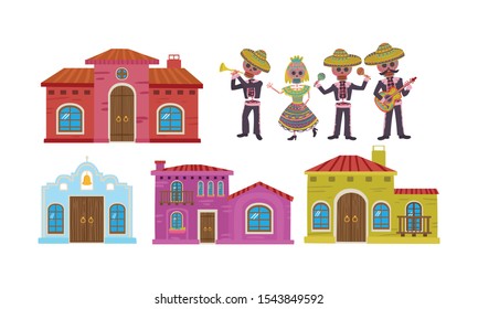 Traditional mexican buildings with wooden doors. Vector illustration.