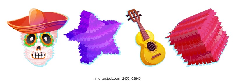 Traditional Mexican carnival and holiday festival elements - paper pinata in shape of cube, star and skull, sombrero hat and guitar. Cartoon vector illustration set of Cinco de Mayo stickers.