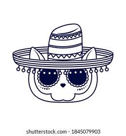 traditional mexican cat skull head with mariachi hat line style icon vector illustration design