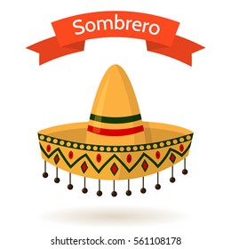 Traditional mexican colorful hat sombrero isolated on white background. Red ribbon with text. Vector flat style cartoon illustration. Symbol of Mexico, national costume.