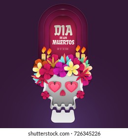 Traditional mexican composition with sugar skull and flowers in paper cut style. Background for day of the dead, invitation, poster, cover, greeting card. Vector illustration.
