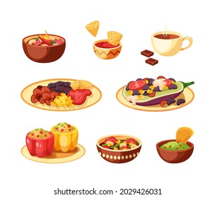 Traditional Mexican cuisine food set. National Mexico dish with meat, hot peppers, spices, tacos. Gourmet fresh serving meal, icons carnival Cinco de mayo cartoon vector