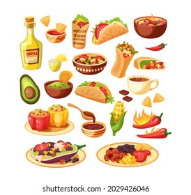 Traditional Mexican cuisine food set. National Mexico dish with meat, hot peppers, avocado, spices, tacos, burritos and tequila. Gourmet fresh serving meal, icons carnival Cinco de mayo cartoon vector