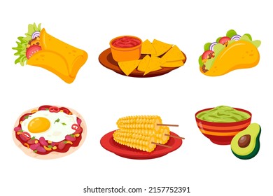 Traditional Mexican cuisine food set. National Mexico dish with meat, hot peppers, avocado, corn, tacos, burritos.  