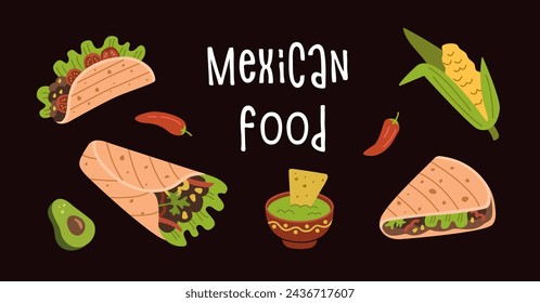 Traditional Mexican cuisine food set. National Mexico dish with meat, hot pepper, avocado, spices, tacos, burritos.