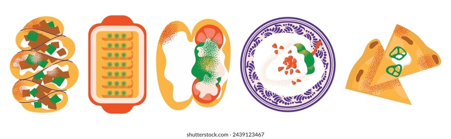 Traditional Mexican Cuisine Food set with tacos, quesadillas, enchiladas, chiles en nogada, pozole, tortas, tamales. Collection illustration in cartoon modern style isolated on background