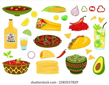 Traditional Mexican cuisine food set. National Mexico dish with meat, hot peppers, avocado, spices, tacos, burritos and tequila. Native food Cinco de mayo. Cartoon vector illustration on a white backg