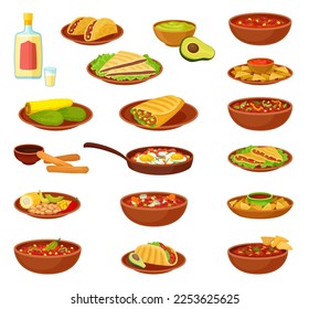 Traditional Mexican Cuisine Food with Stew, Tacos, Burrito, Nachos and Tequila Big Vector Set