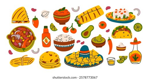 Traditional Mexican Cuisine Food with Stew, Tacos, Burrito, Nachos and Tequila Big Vector Set ,hand drawn doodle illustration isolate on white. Trendy Mexican food.