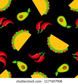 Traditional mexican cuisine tacos seamless pattern. Group of taco with beef or chicken meat, salad and tomato, red chili pepper and green avocado on black background for cafe festival decoration