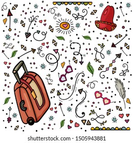 Traditional Mexican culture. Clip art set of stickers or objects for design. Tourist trip. Suitcase, glasses, symbols of Mexico.- Vector. Vector illustration