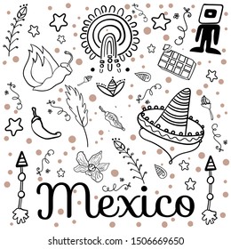 Traditional Mexican culture. Clip art set of stickers or objects for design. Coloring page, Coloring book. Contour. Pepper, feather, chocolate, arrow, sombrero, symbols of Mexico.- Vector. 