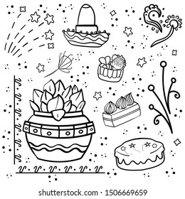 Traditional Mexican culture. Clip art set of stickers or objects for design. Coloring page, Coloring book. Contour. Festive sweets and music, sombrero, symbols of Mexico.- Vector. Vector illustration