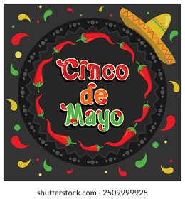 Traditioneller mexikanischer Tag. Sombrero-Hut und rote Paprika im Hintergrund. Cinco de Mayo Konzept. Flache Vektorgrafik.