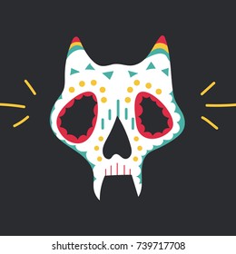 Traditional Mexican day of the dead decorated cat skull, funny vector illustration, all isolated