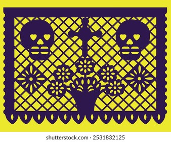 Traditioneller mexikanischer Tag der Toten Papel Picado mit zwei Schädeln, einem Kreuz und Blumen