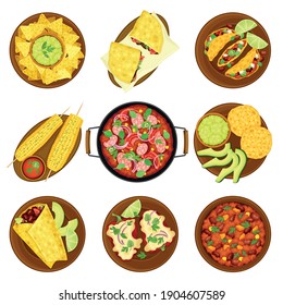 Traditional Mexican Dish with Quesadilla, Nachos and Boiled Corn Cob Vector Set