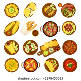 Traditional Mexican Dish with Quesadilla, Nachos and Boiled Corn Cob Big Vector Set