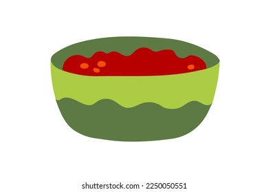Traditional Mexican dish with tomato sauce in a green bowl. Vector flat food illustration isolated on white background.