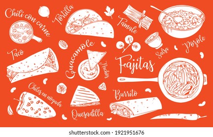 Traditional Mexican dishes wit titles. Taco, fajitas, pozole, tortilla, burrito, quesadilla, guacamole, nachos. Hand drawn vector sketch illustration