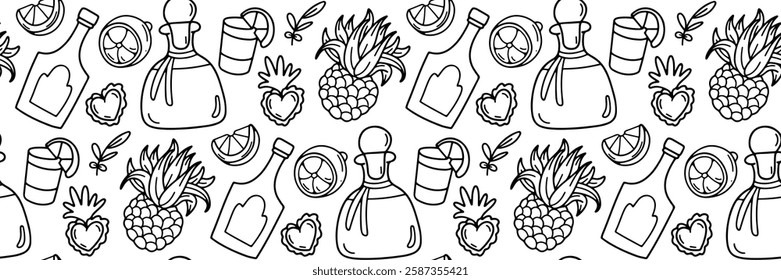 Traditional Mexican drinks doodle pattern. Tequila and mezcal, lime and agave cactus. Bottles of alcoholic beverages. Vector outline illustration. For packaging, menu and brand.