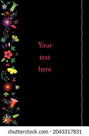 Traditional Mexican embroidery Otomi Tenango style floral composition with copy space for text. Vector border of colorful ethnic floral elements .