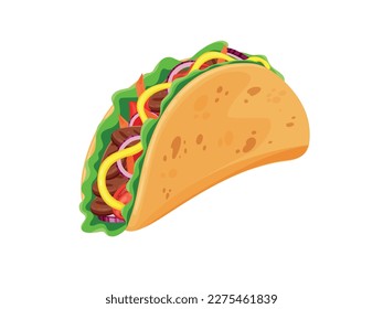 Traditional mexican fast food taco with meat and vegetables, lettuce, diced tomato and onion stuffing, taco, vector illustration	