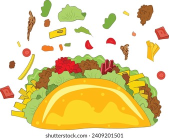 Traditional Mexican fast-food. Colorful illustration of Mexican Tacos. Vector illustration