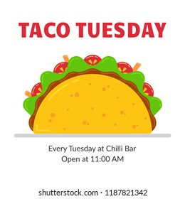 Traditional mexican fastfood taco tuesday poster. Tasty beef meat, salad, tomato and carrot sticks in delicious tacos with sign Taco Tuesday. Vector illustration for food truck or restaurant party.