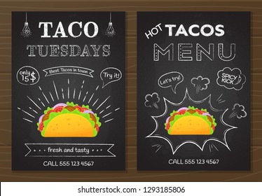 Traditional mexican fastfood tacos menu. Chalk board style food poster with hand drawn decoration on blackboard with tacos menu and taco tuesday offer and colorful beef taco vector illustration.