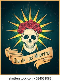 Traditional mexican festival Dias de los Muertos vector illustration of skull. Best for vintage tattoo, wallpaper, poster, card, flyer, logo design concept