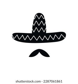 Traditional Mexican fiesta flat vector silhouette illustrations of sombrero and mustaches