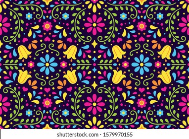 Traditional Mexican floral seamless pattern. Colorful ethnic ornament in folk embroidery style. Vector background design.