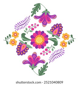 Tradicional mexicano Folk espelhado composição com flores de fantasia e folhas em cor brilhante. Dia de los Muertos ilustração feriado isolado no fundo branco em forma quadrada