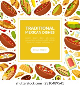 Traditional Mexican Food Banner Design with Different Served Dish Vector Template
