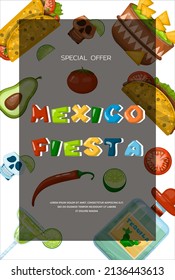 Traditional Mexican food banner. vector cartoon illustration. Mexican street, restaraunt and homemade food and drinks icons for ethnic menu. Cinco de mayo