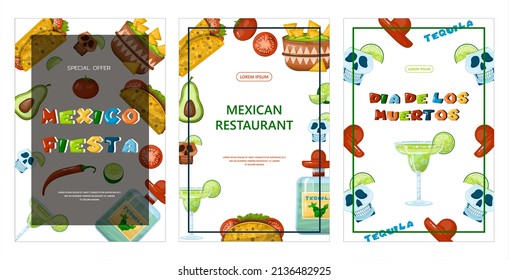 Traditional Mexican food banner. vector cartoon illustration. Mexican street, restaraunt and homemade food and drinks icons for ethnic menu. Cinco de mayo