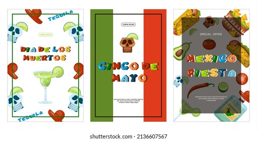 Traditional Mexican food banner. vector cartoon illustration. Mexican street, restaraunt and homemade food and drinks icons for ethnic menu. Cinco de mayo