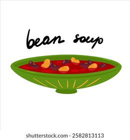 Traditional Mexican food. Bean soup with chili, tomato, vegetables in a green plate with hand drawn text. Hand drawn cartoon vector illustration isolated on a white background.