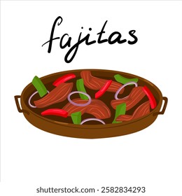 Traditional Mexican food. Beef fajita with bell pepper, onion, vegetables in a pan with hand drawn text. Cartoon vector illustration isolated on a white background.