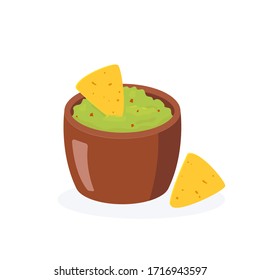 Comida tradicional mexicana. Cuenco marrón de guacamole y nachos. Ilustración plana sobre fondo blanco