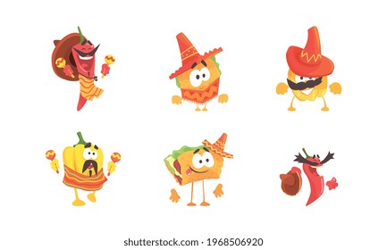 Traditional Mexican Food Characters Set, Funny Hot Chilli Pepper, Taco in National Clothes Cartoon Vector Illustration