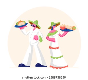 Traditional Mexican Food Concept. Man and Woman Wearing Sombrero and Latino Dress Holding Trays with Taco and Latin Meals. Authentic Restaurant Staff Presenting Menu. Cartoon Flat Vector Illustration
