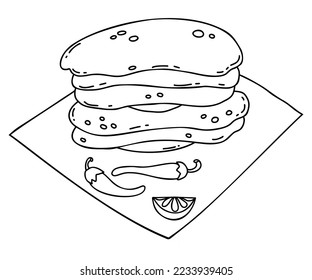 Traditional mexican food corn tortillas. Large stack of tortillas with hot peppers and lime. Vector Linear hand drawing in doodle style of Latin American national dish