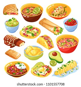 Traditional mexican food dishes collection with tacos quesadilla tortilla chips avocado salsa isolated white background vector illustration  svg