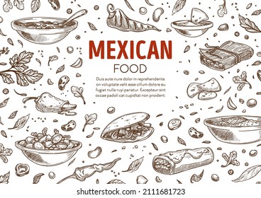 Traditional mexican food and dishes, taco and quesadilla, burrito and taco. Salads and soups, vegetables and meat products, snacks in restaurant or cafe. Monochrome sketch outline, vector in flat svg