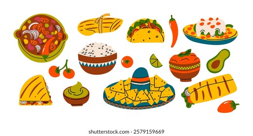 Traditional Mexican food and dishes, taco and quesadilla, burrito and taco. Salads and soups, vegetables and meat products, snacks in restaurant or cafe. Flat doodle style vector