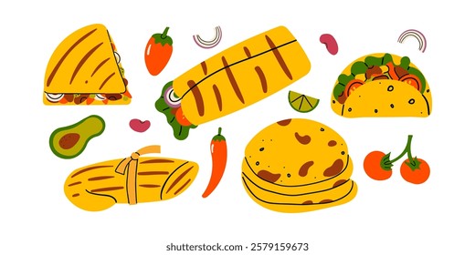 Traditional Mexican food and dishes, taco and quesadilla, burrito and taco. Vegetables and meat products, snacks in restaurant or cafe. Flat doodle illustration isolate on white.