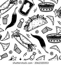 Traditional Mexican food, drinks seamless vector pattern. Hand drawn doodle. Sketch of burrito, nachos, tequila. Monochrome concept for decoration, wrapping paper design, flyers, web, cafes.